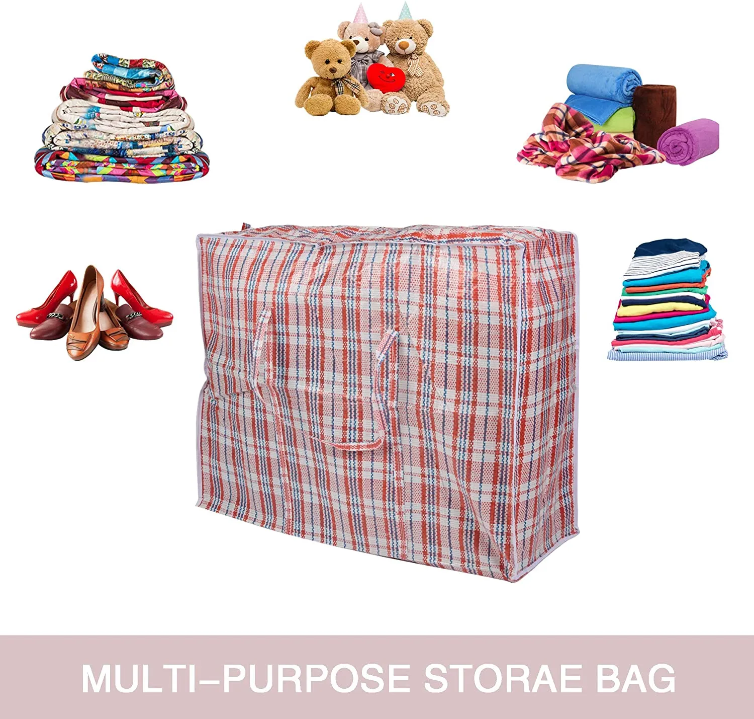 3PC Plastic Woven Storage Bag Moving Tote Clothes Laundry Travel Organizer w/ Zipper & Handles