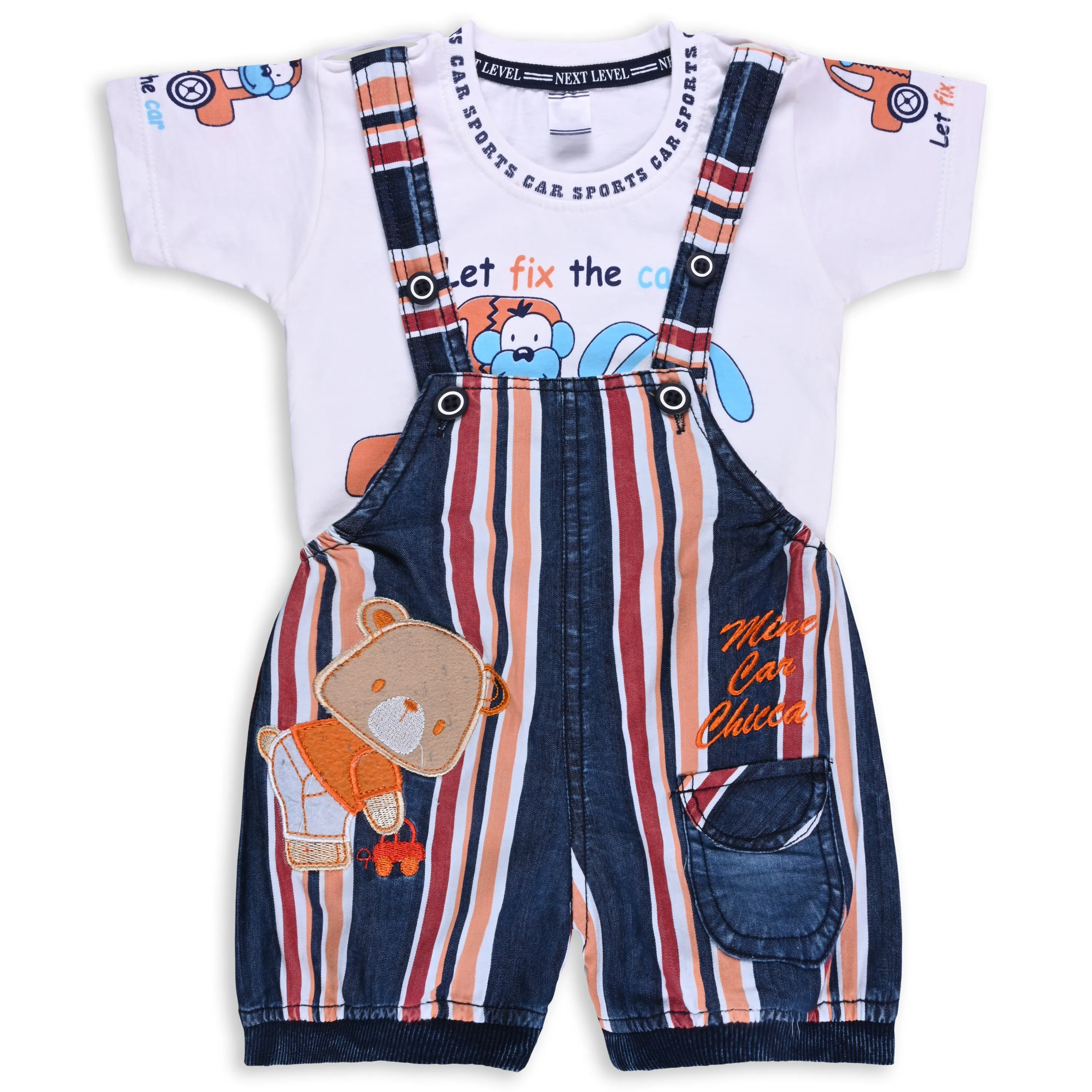 Baby Boys Striped and Applique T-Shirt and Shorts Dungaree Set