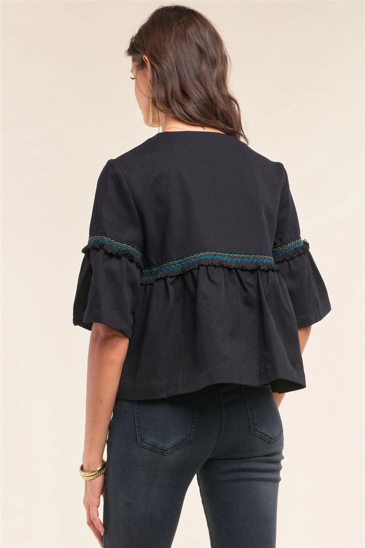 Black Multicolor Embroidery Shredded Trim Detail Midi Bell Sleeve Crew Neck Flare Cropped Jacket /1-2-2-1