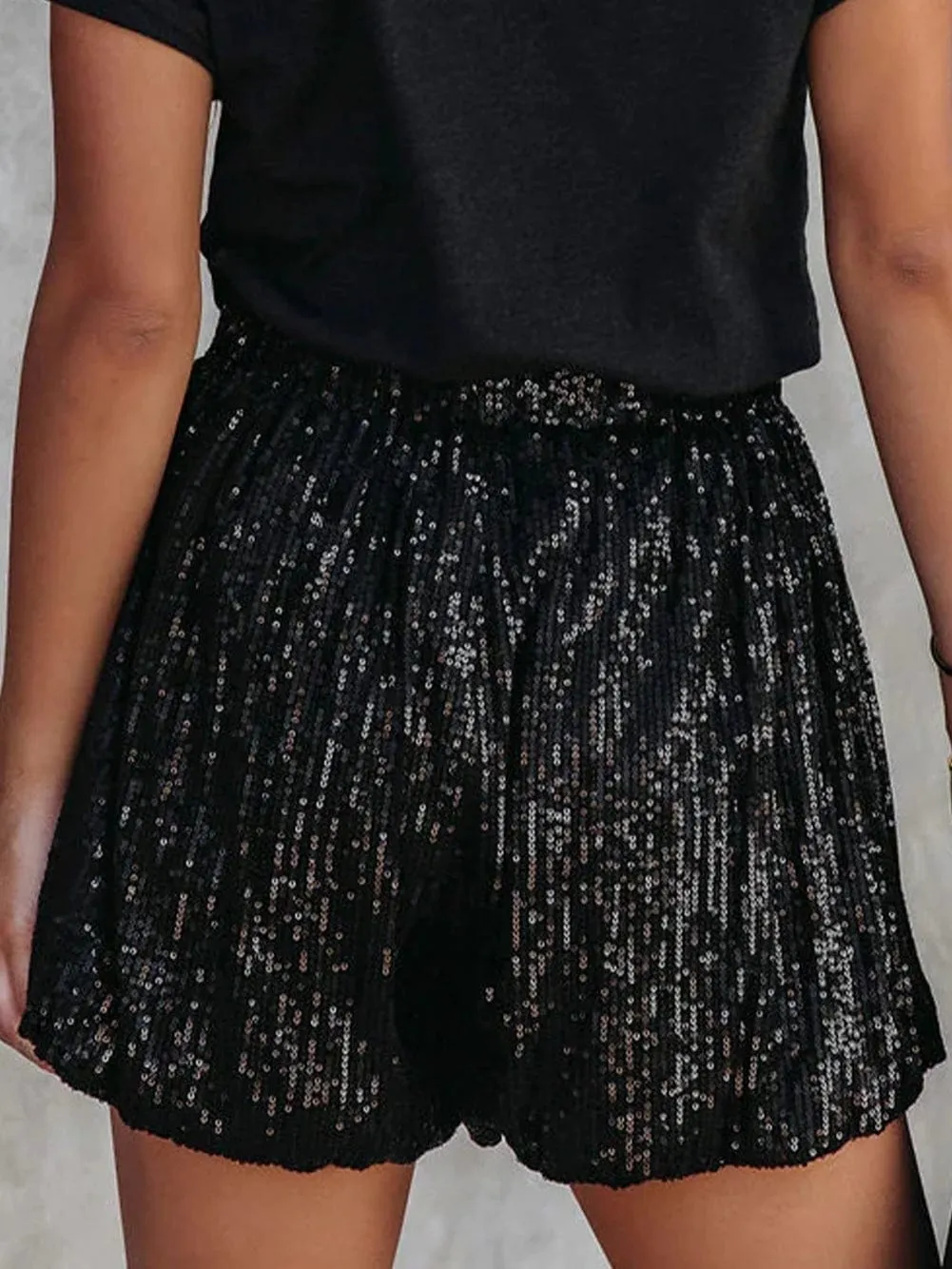 Black Sequin High-Waisted Casual Shorts with Straight Leg