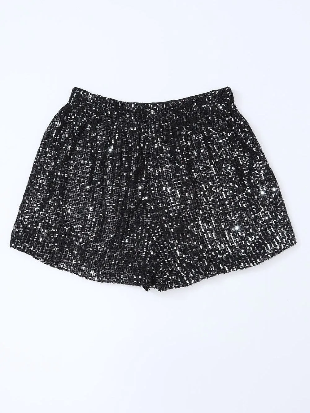 Black Sequin High-Waisted Casual Shorts with Straight Leg