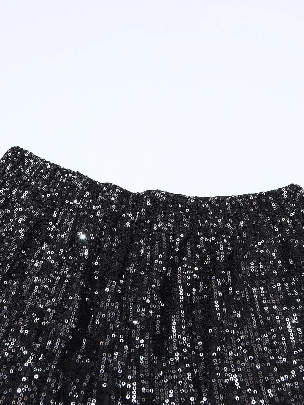 Black Sequin High-Waisted Casual Shorts with Straight Leg