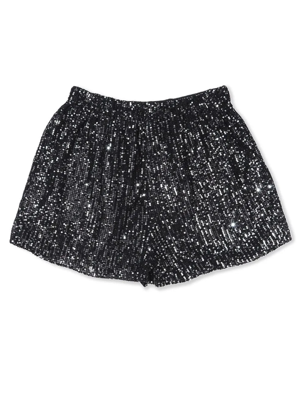 Black Sequin High-Waisted Casual Shorts with Straight Leg