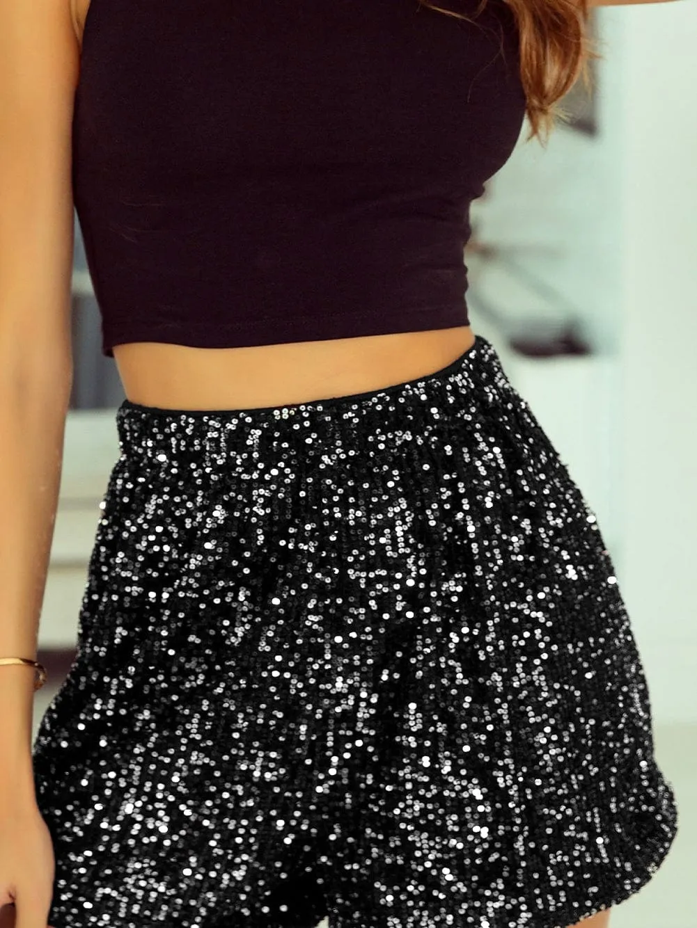 Black Sequin High-Waisted Casual Shorts with Straight Leg