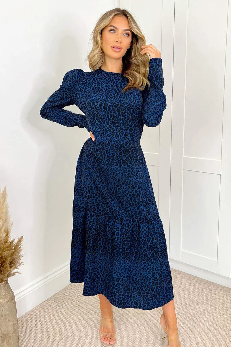 Blue Animal Print Long Sleeve Smock Dress