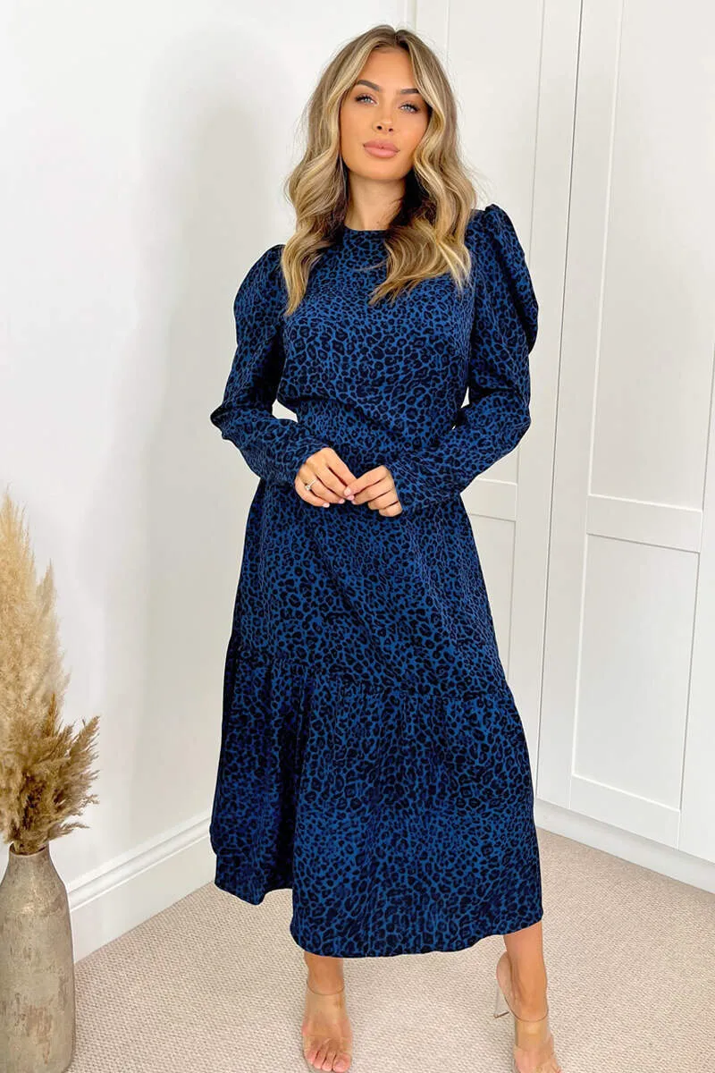 Blue Animal Print Long Sleeve Smock Dress