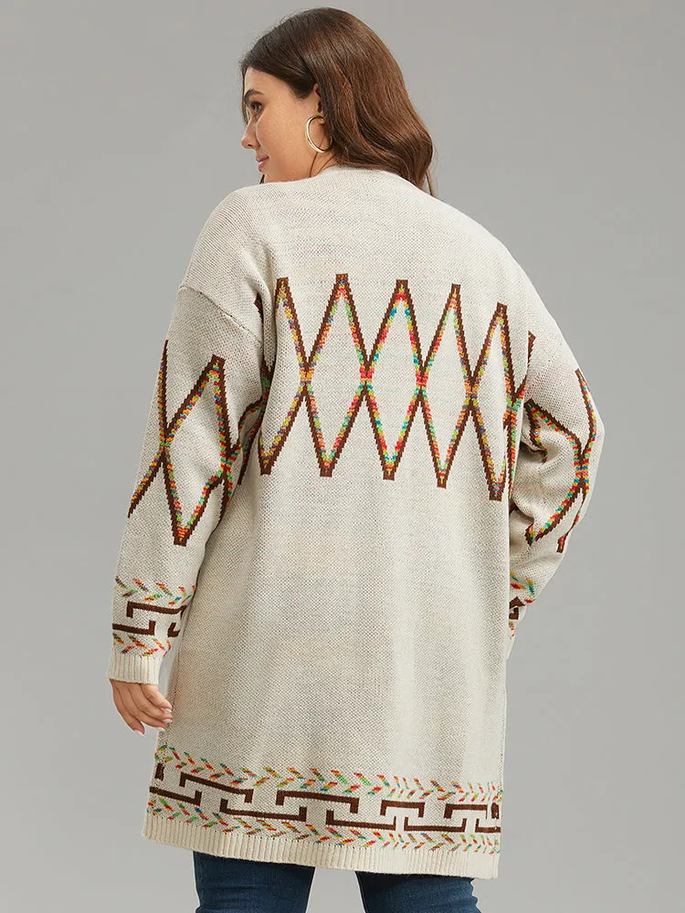 Boho Geometric Print Open Front Cardigan