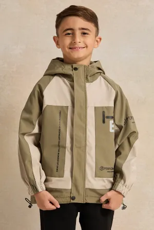 Boys Green And Beige Hooded Zip-Through Jacket