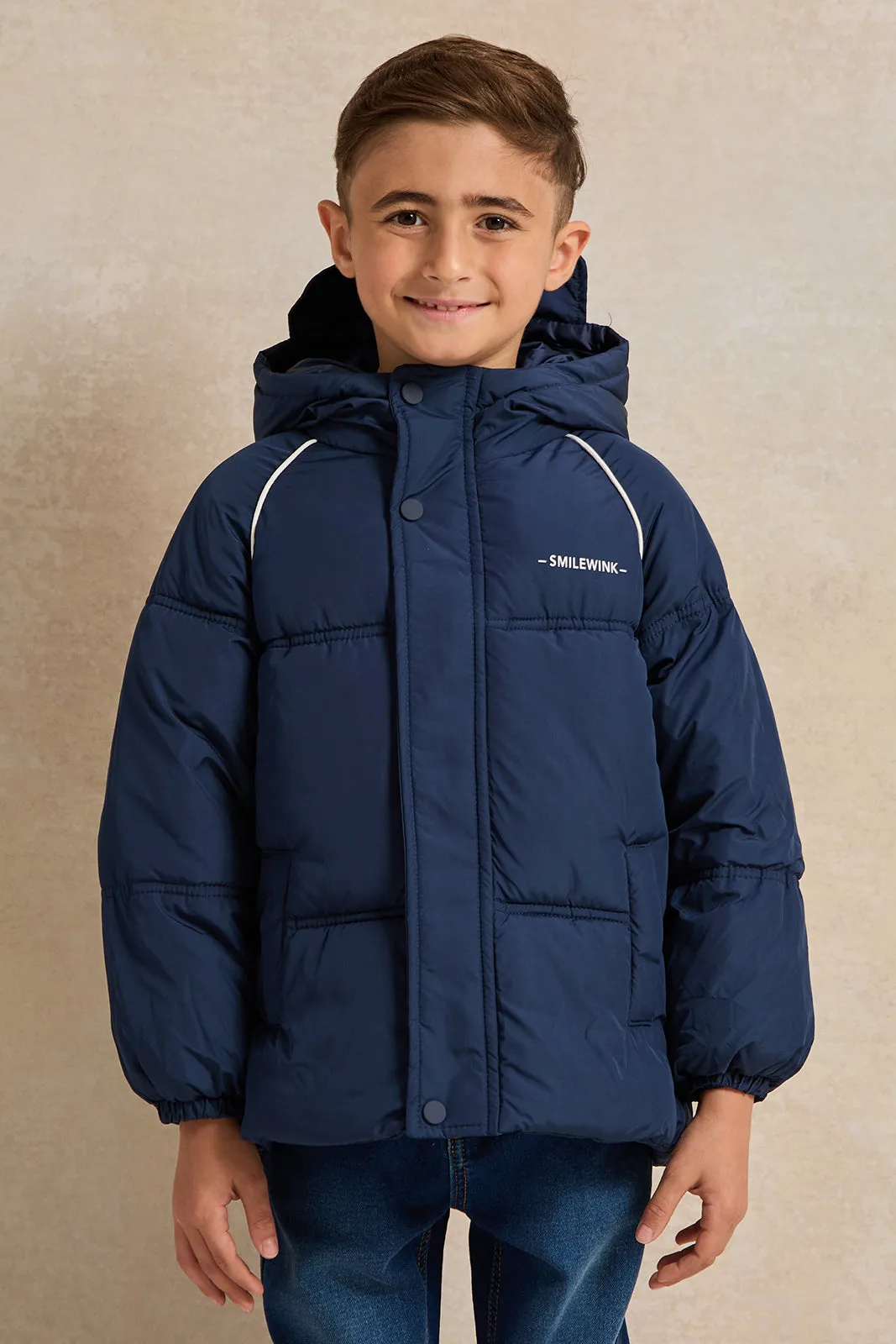 Boys Navy Padded Hooded Zip-Through Jacket