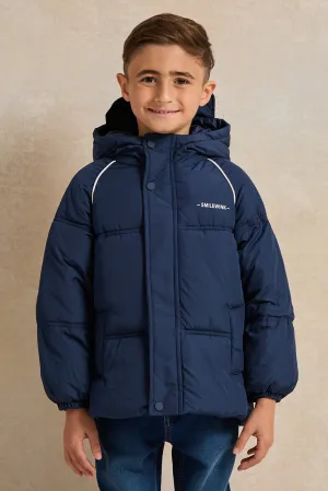 Boys Navy Padded Hooded Zip-Through Jacket