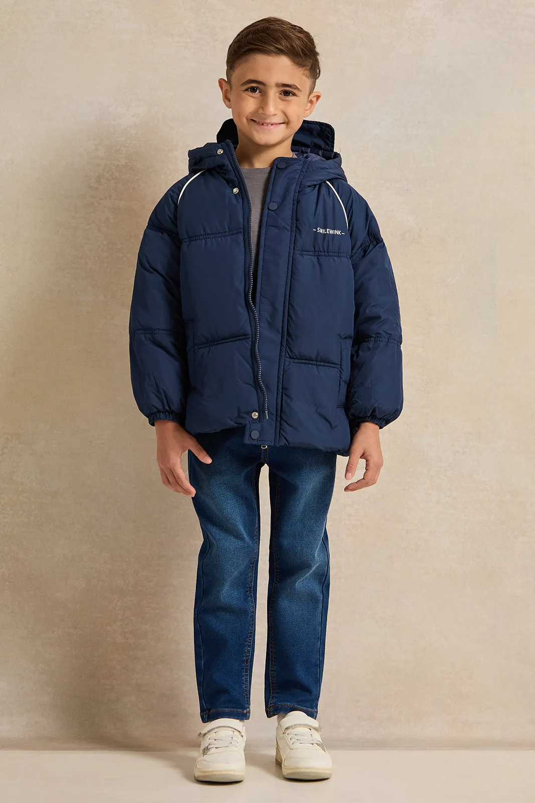 Boys Navy Padded Hooded Zip-Through Jacket