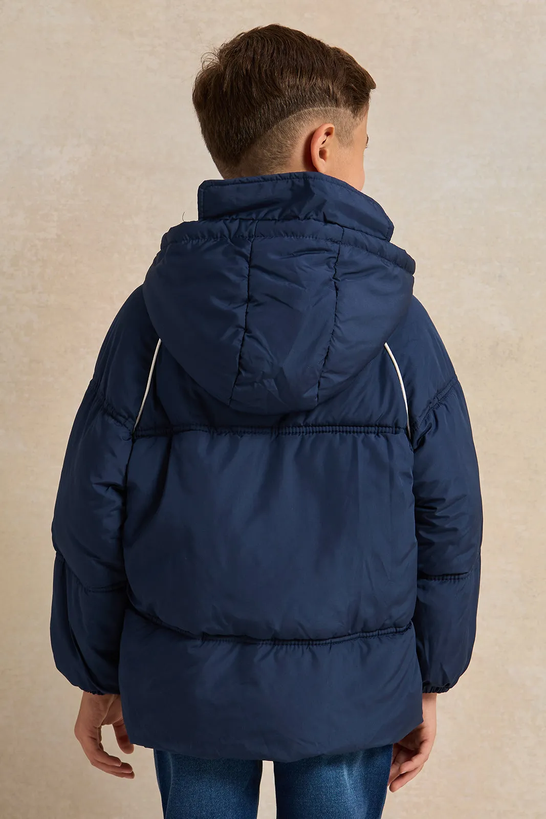 Boys Navy Padded Hooded Zip-Through Jacket