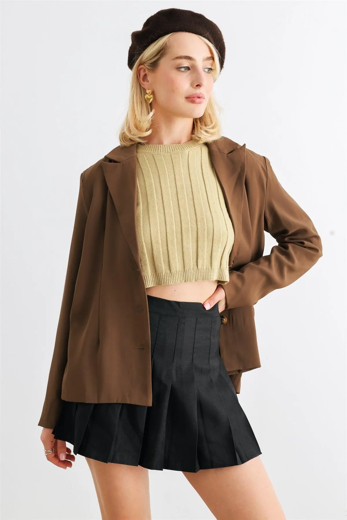 Brown Button-Up Long Sleeve Belted Blazer /1-2-2-1