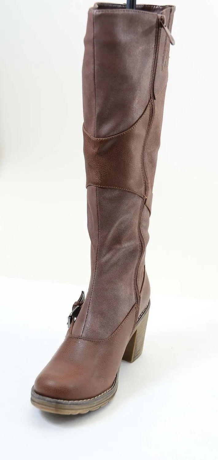 Brown Strappy Buckle Riding Women's Vegan Knee Chunky Heel Boots