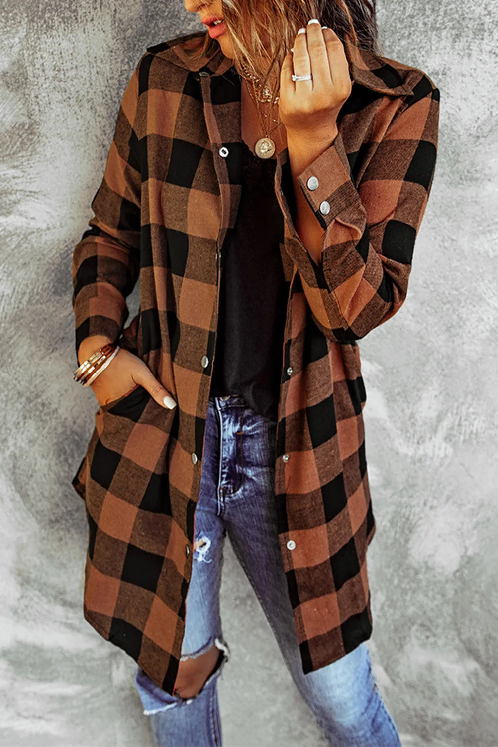 Brown Turn-down Collar Plaid Shirt Coat