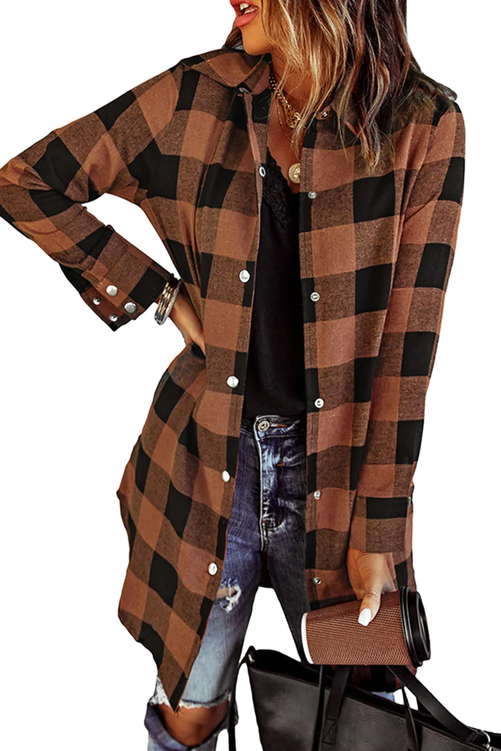 Brown Turn-down Collar Plaid Shirt Coat