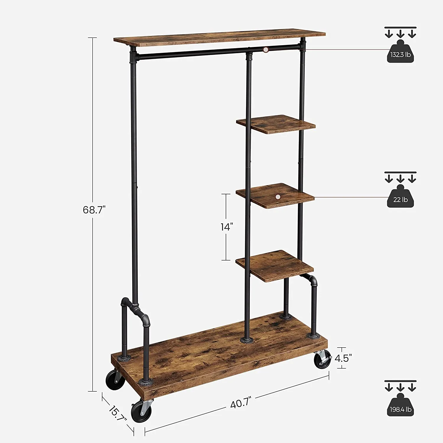 Clothes Rack, Clothing Rack on Wheels, 5-Tier Garment Rack with Metal Pipes