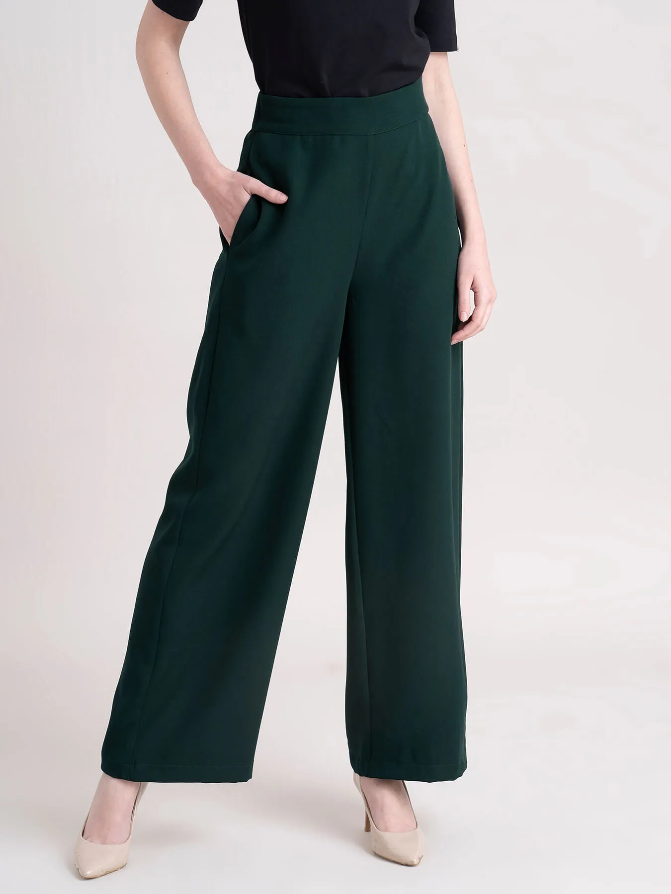 Elasticated Wide Leg Trouser - Bottle Green