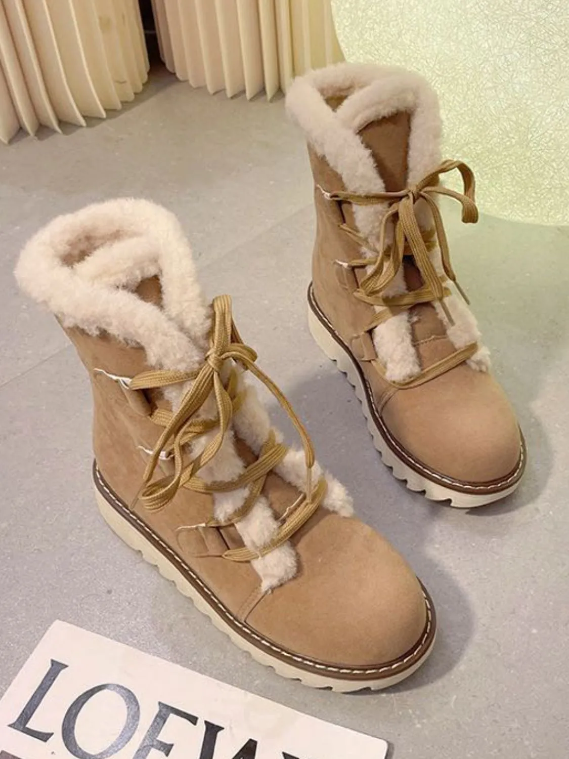 Faux Fur Lace Up Round Toe Boots