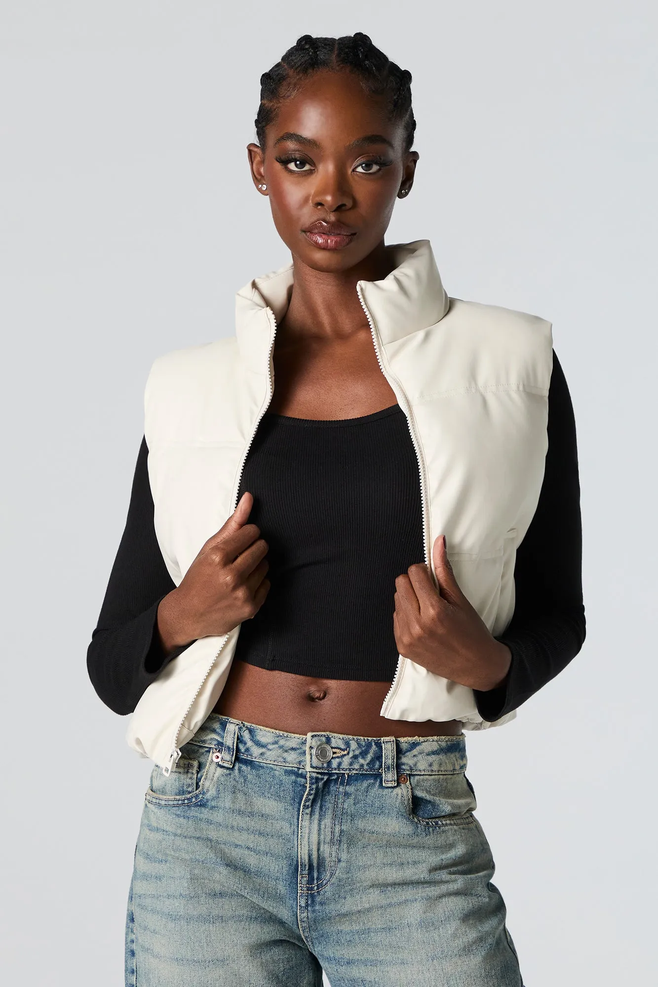 Faux Leather Cropped Puffer Vest