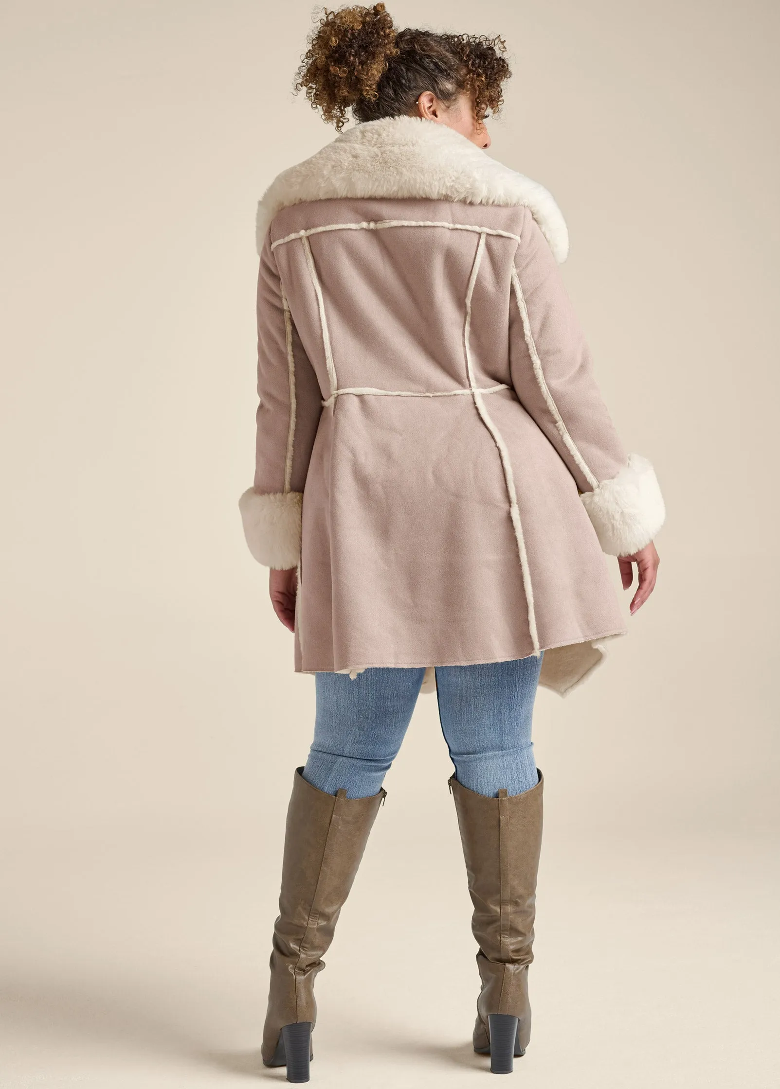 Faux-Suede-And-Fur Coat - Taupe & Off White