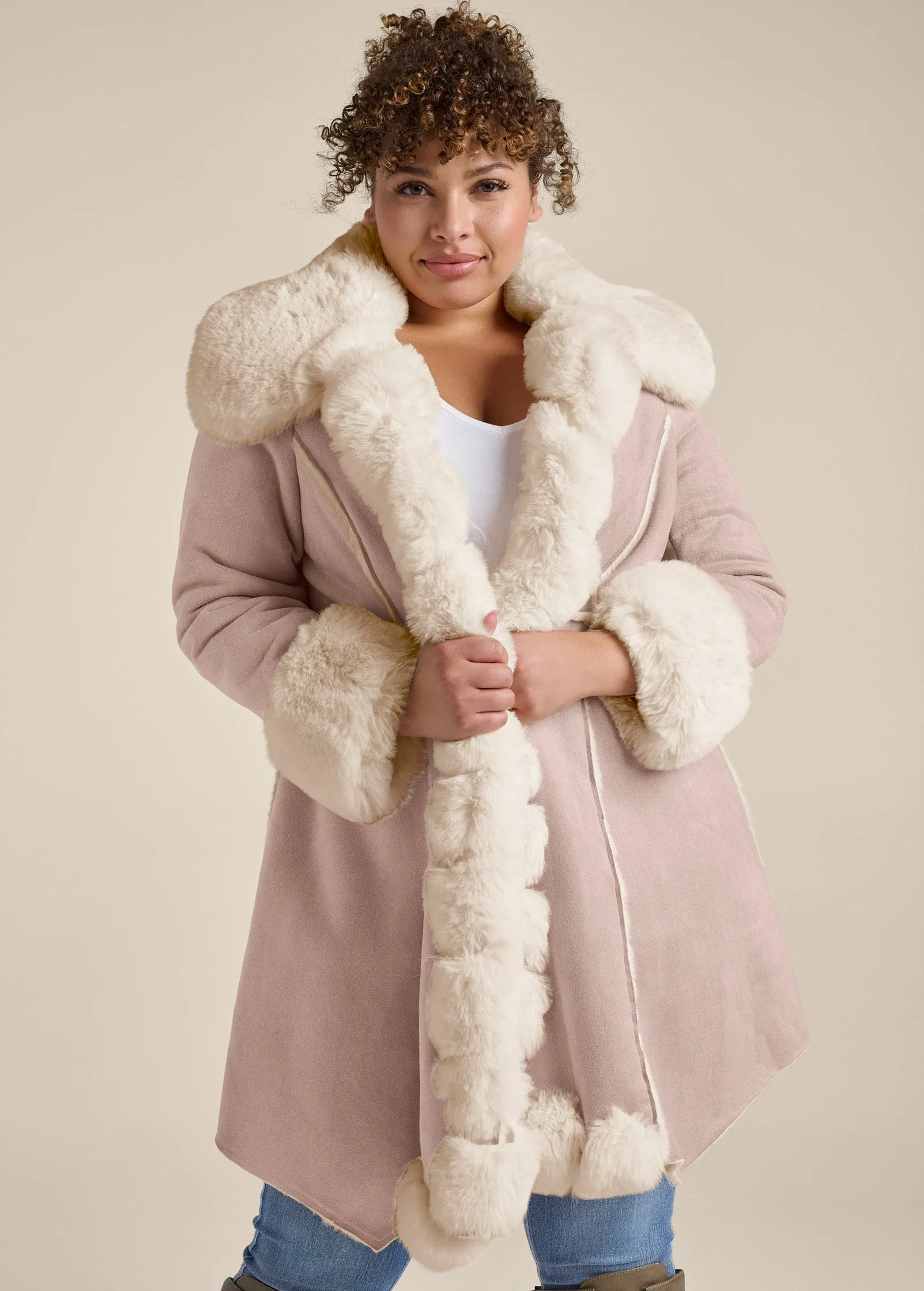 Faux-Suede-And-Fur Coat - Taupe & Off White