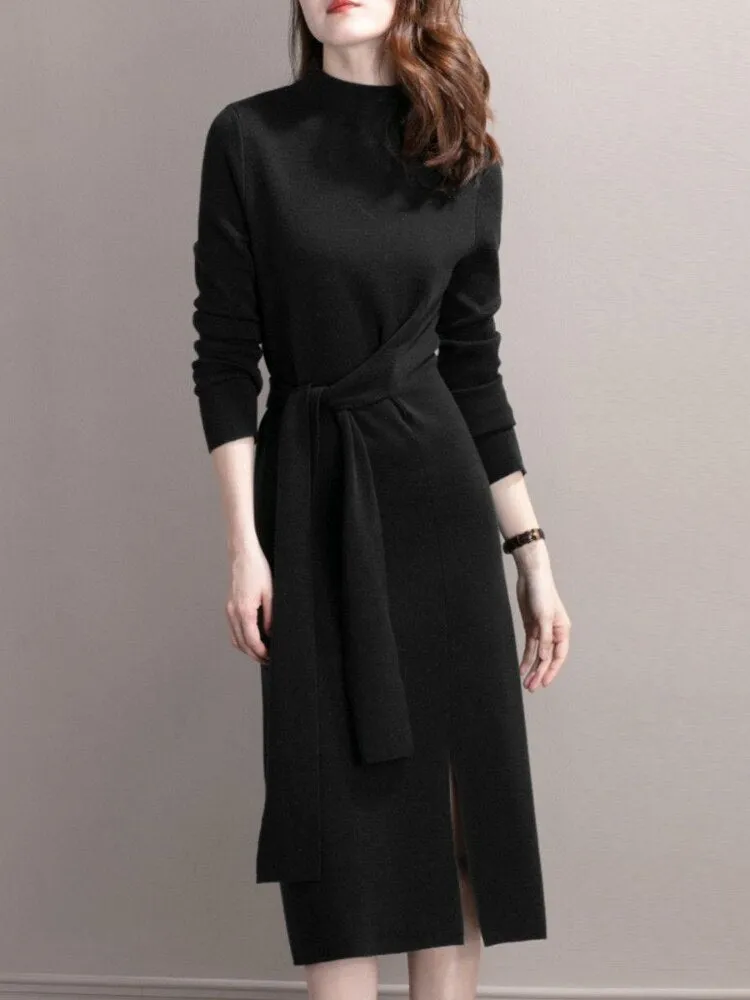 Half-necked Knitted Dress Women's Autumn Winter New Strap Temperament Split Base Sweater Skirt Dress for Women Sweaters Pullover