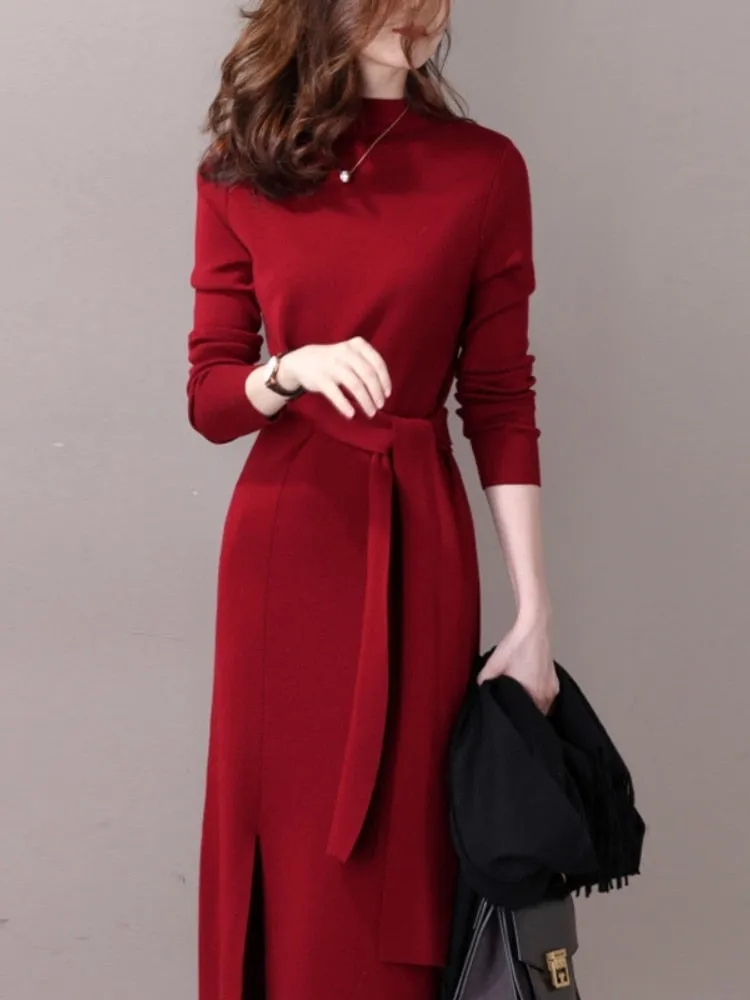 Half-necked Knitted Dress Women's Autumn Winter New Strap Temperament Split Base Sweater Skirt Dress for Women Sweaters Pullover