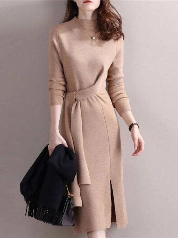 Half-necked Knitted Dress Women's Autumn Winter New Strap Temperament Split Base Sweater Skirt Dress for Women Sweaters Pullover