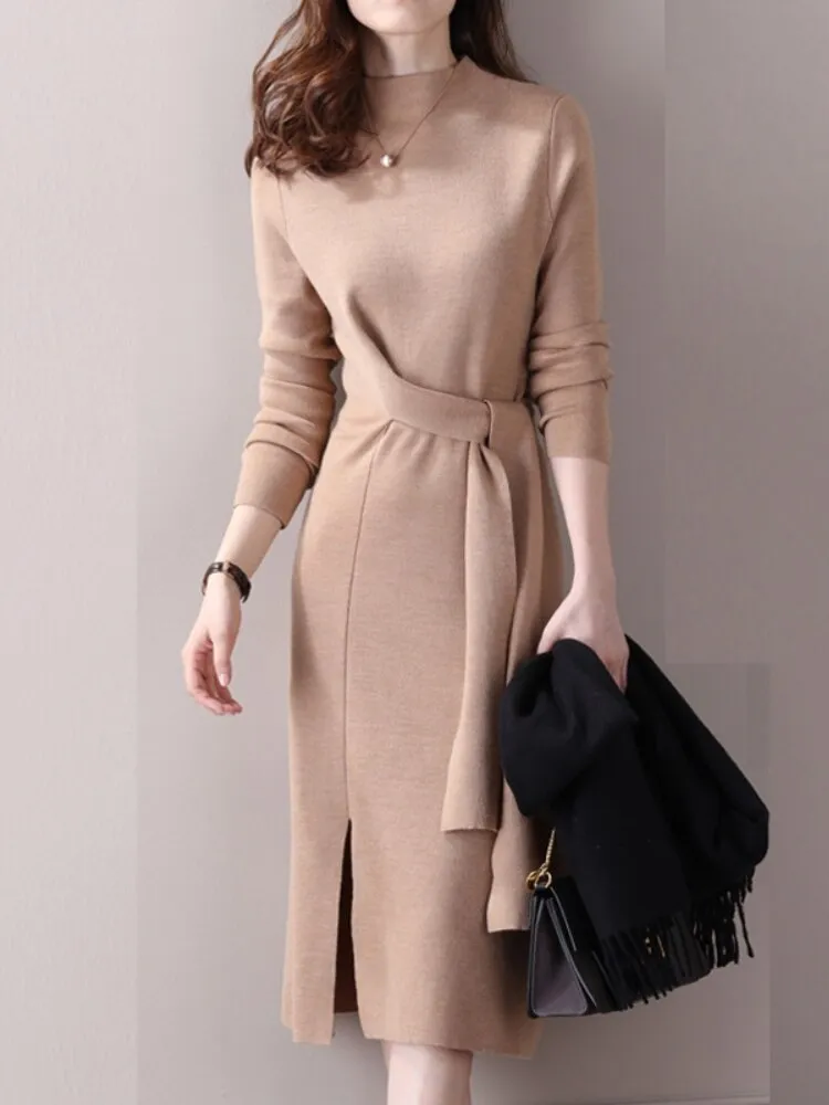 Half-necked Knitted Dress Women's Autumn Winter New Strap Temperament Split Base Sweater Skirt Dress for Women Sweaters Pullover