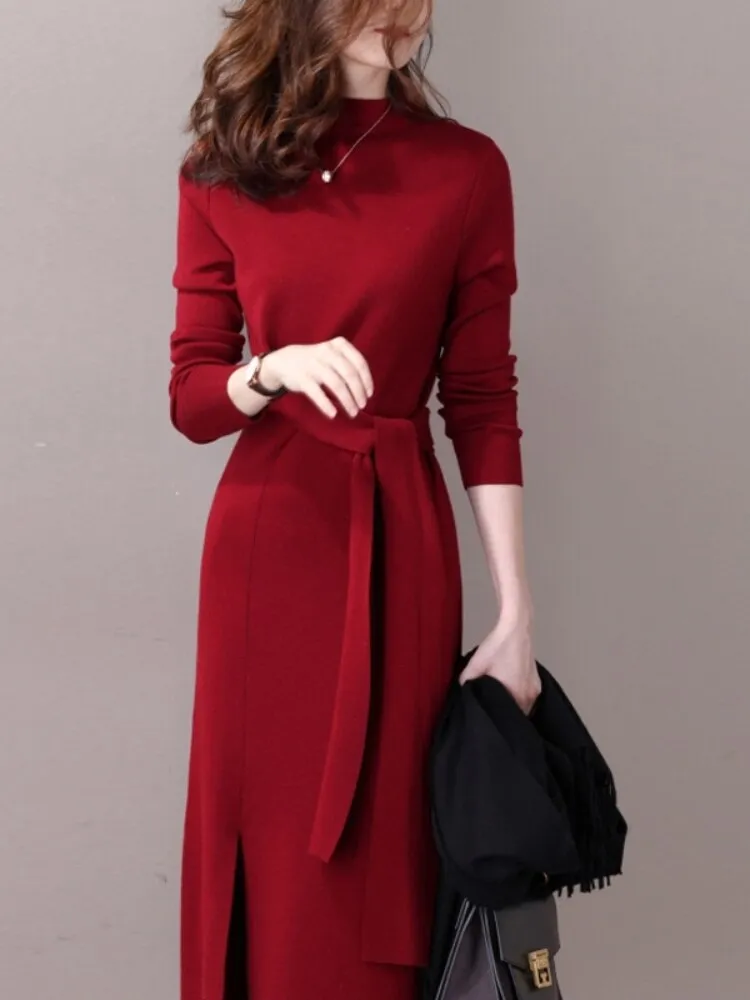 Half-necked Knitted Dress Women's Autumn Winter New Strap Temperament Split Base Sweater Skirt Dress for Women Sweaters Pullover