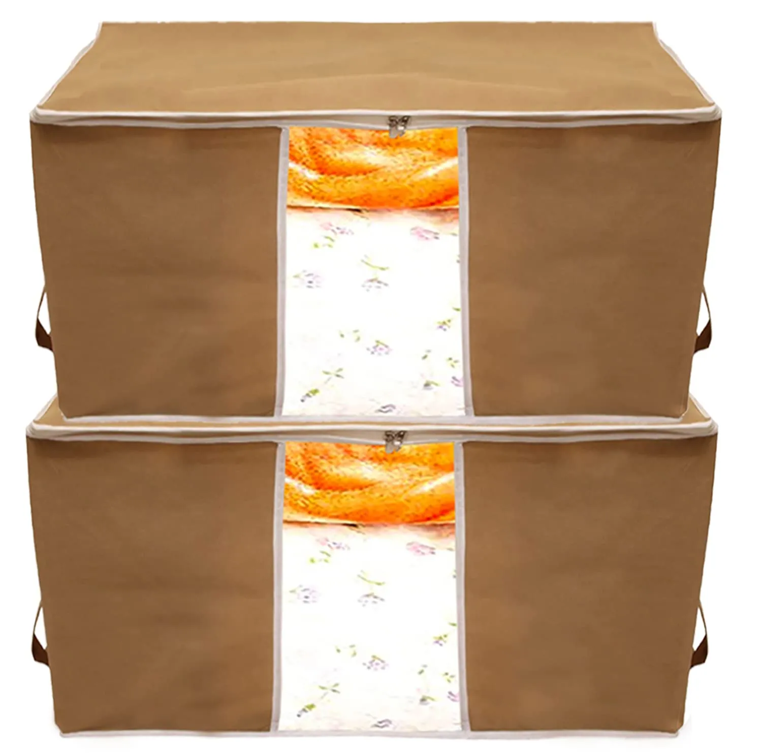 Heart Home Foldable Non Woven Clothes Storage Bag Wardrobe Organizer Underbed Bag With Tranasparent Window- Pack of 2 (Brown)-HS43HEARTH26713