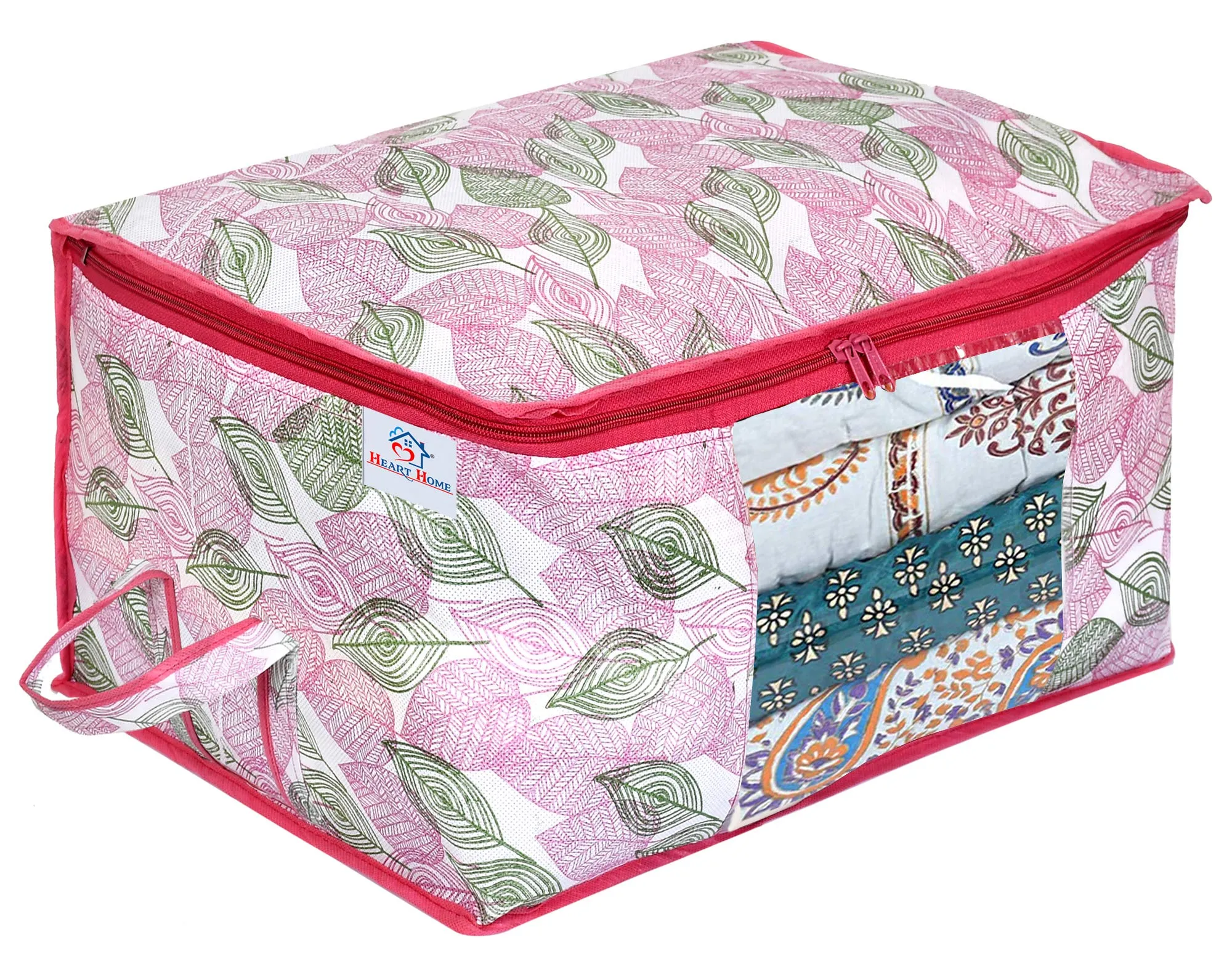 Heart Home Metalic Leafy Print Non Woven 12 Pieces Underbed Storage Bag,Cloth Organiser,Blanket Cover with Transparent Window (Pink)-HHEART16627