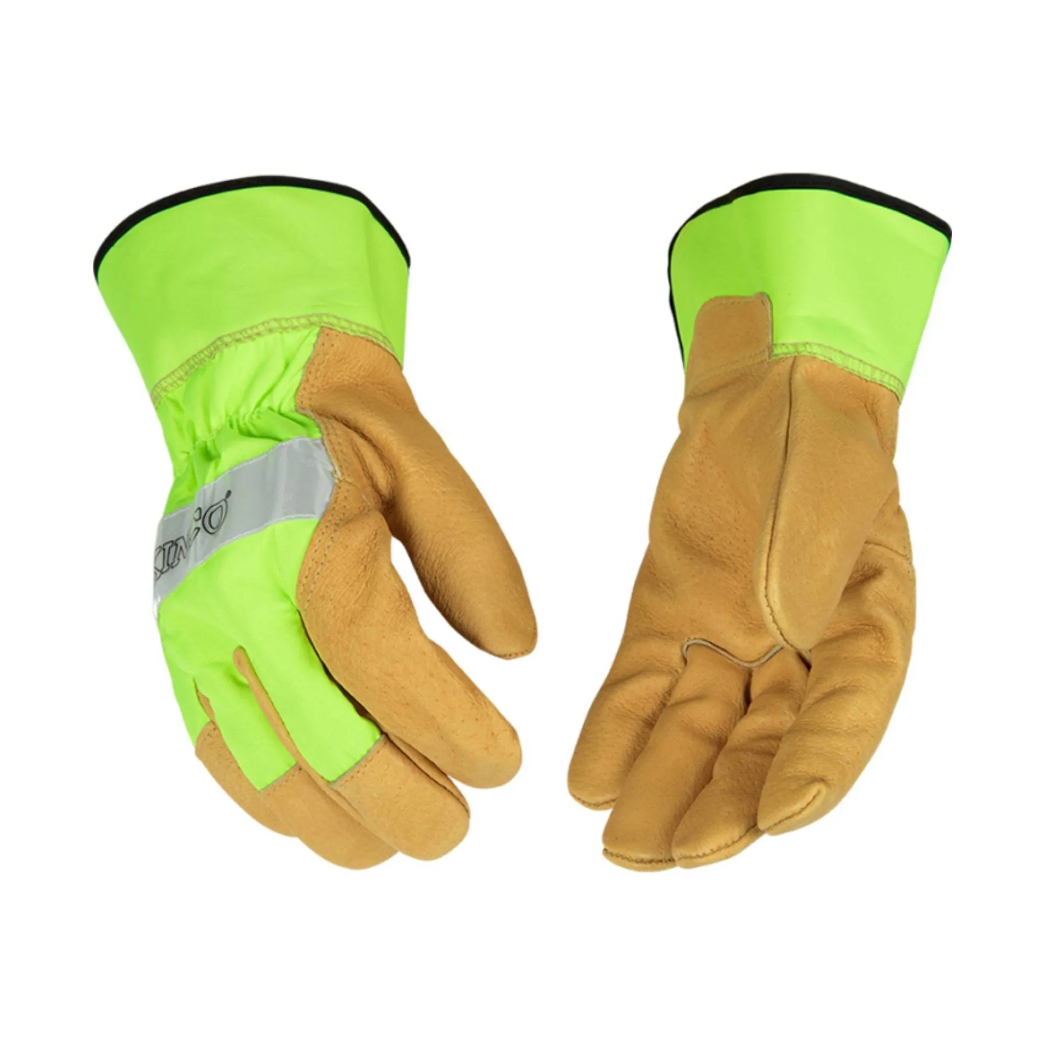 Kinco Men's Hi-Vis Green and Grain Pigskin Palm Work Gloves - Beige/Green