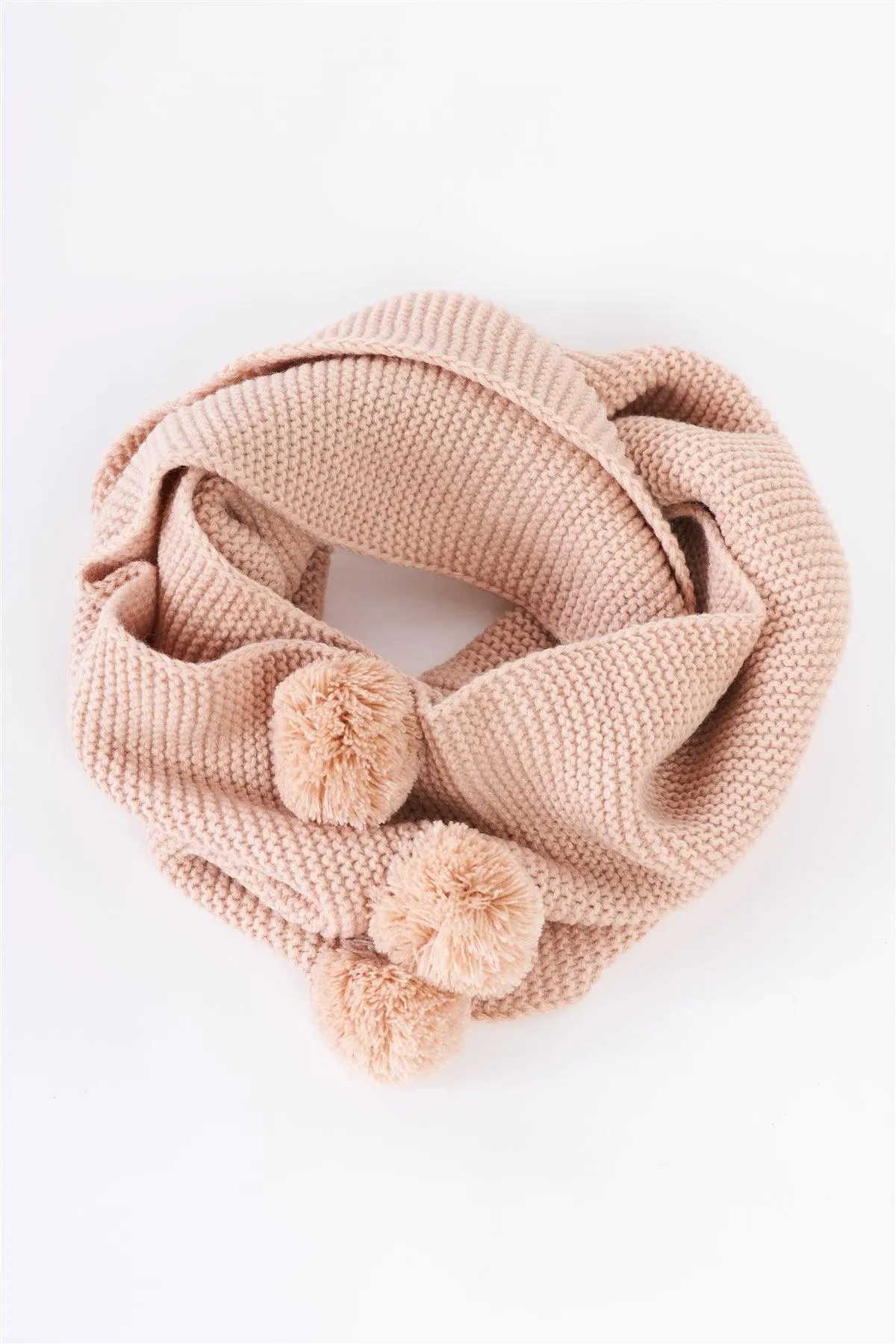 Light Pink Woven Knit Pompom Trim Detail Loop Scarf /3 Pieces