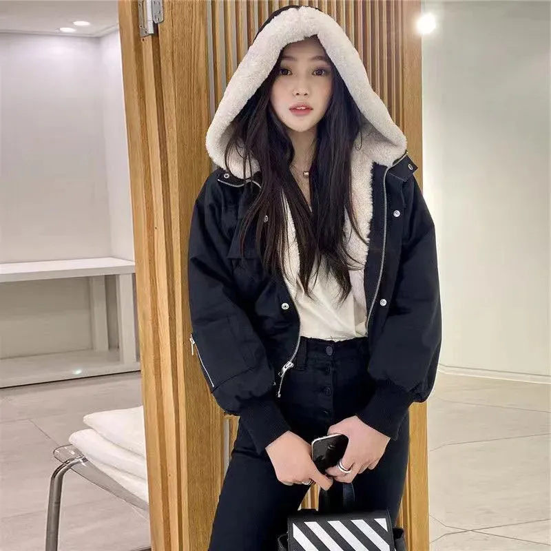 Lucyever Women's Fleece Winter Jackets Korean Loose Long Sleeve Hooded Short Parkas Coat Female 2023 New Chic Warm Plush Outwear