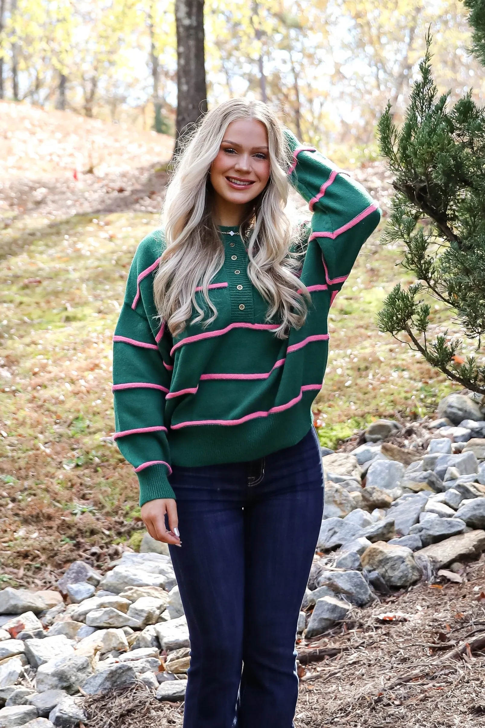 Memorably Stylish Hunter Green Striped Sweater