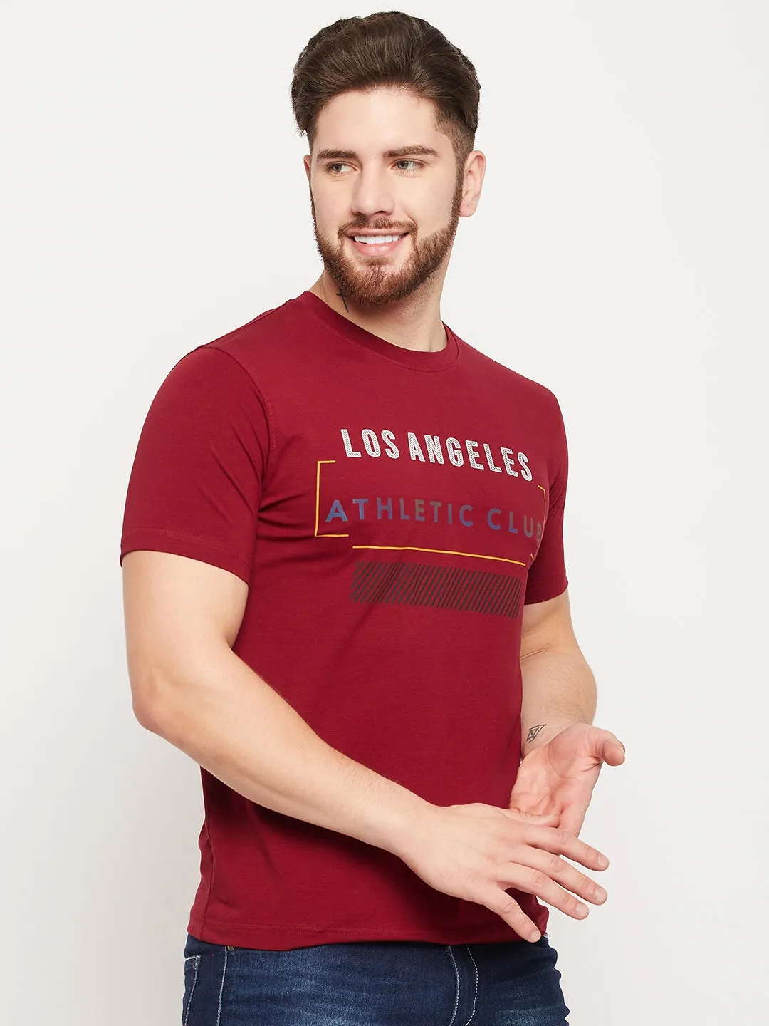 Men Maroon Round Neck T-Shirt