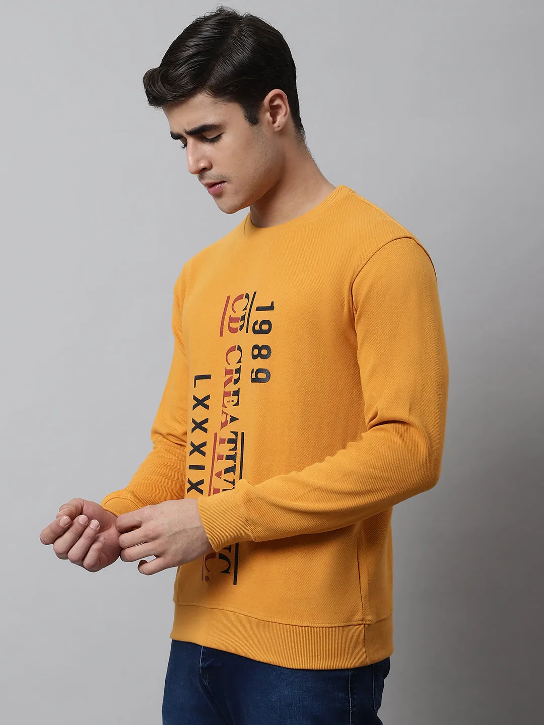 Men Round Neck Full Sleeves Winter Wear Mustard T-Shirt