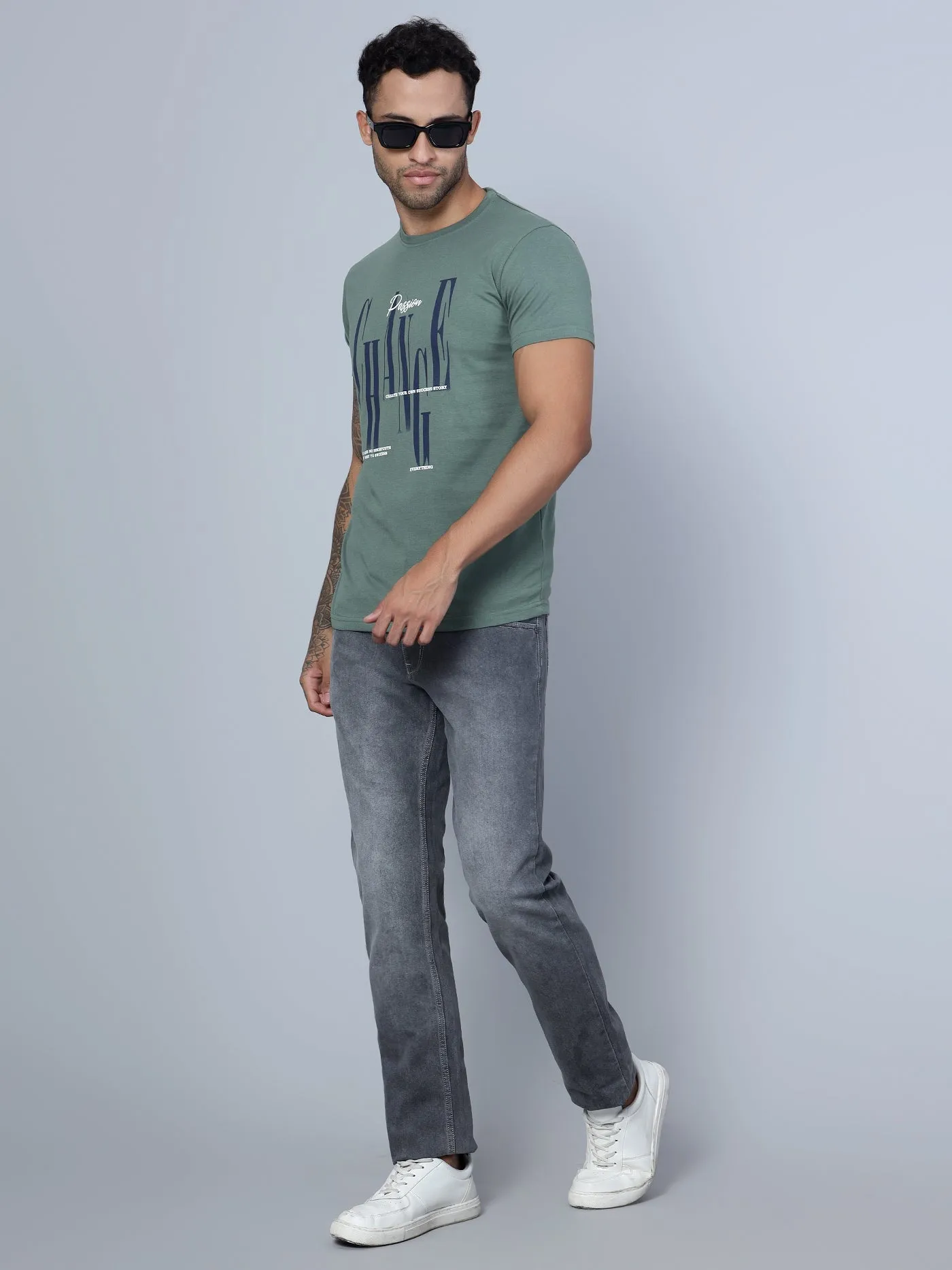 Men Round Neck Green T-Shirt