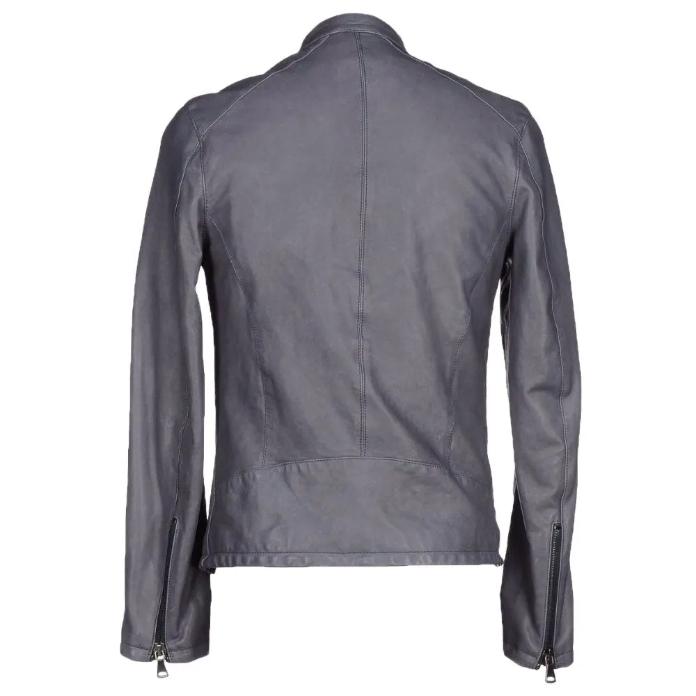 Men Slim Fit Grey Leather Jacket