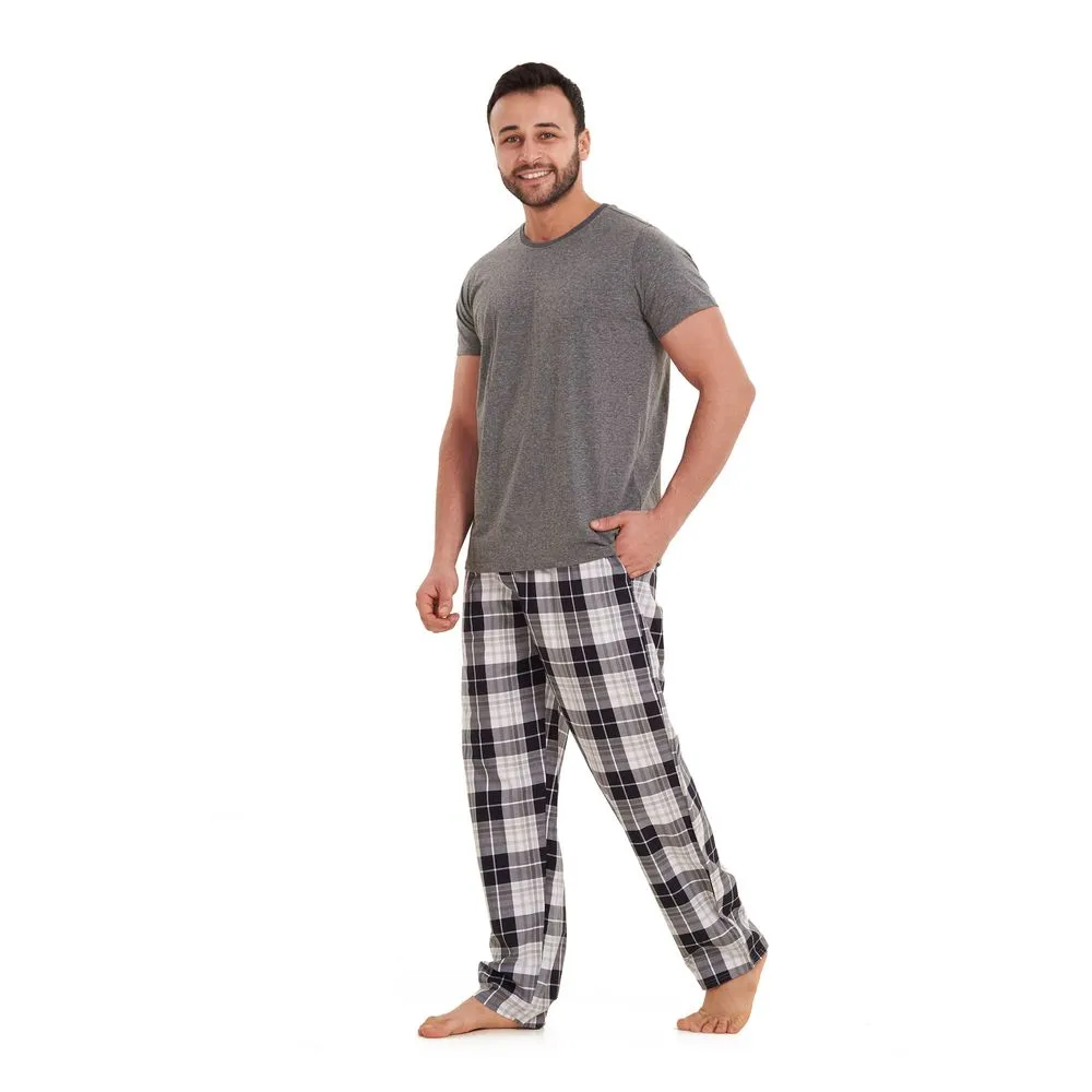 Men summer pajama set Dark Grey T-shirt  Off white x grey checkered pants