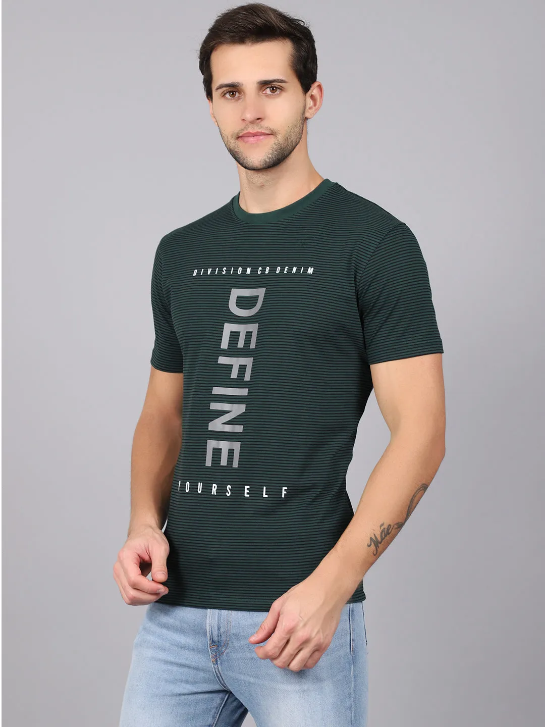 Men's Bottle Green Stripe Round neck Half Sleeve T-Shirt with Print