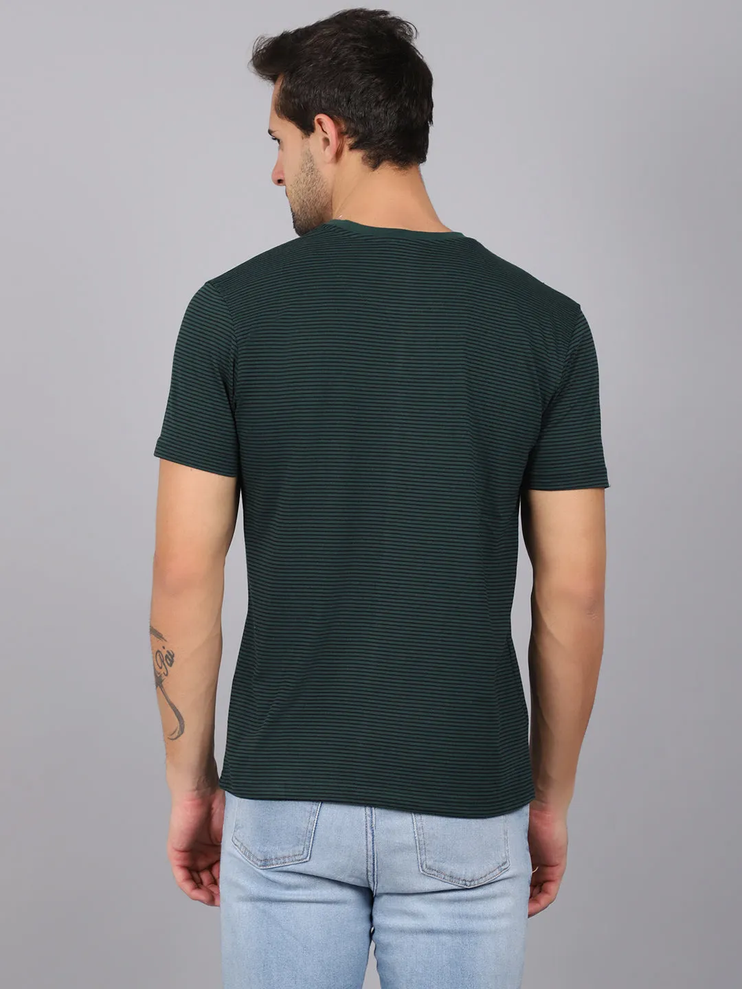 Men's Bottle Green Stripe Round neck Half Sleeve T-Shirt with Print