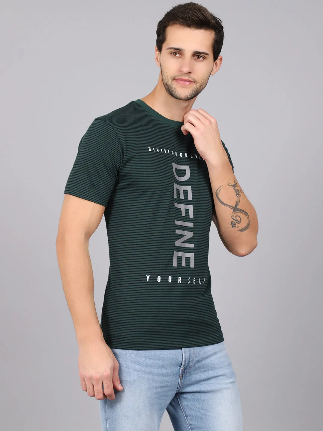 Men's Bottle Green Stripe Round neck Half Sleeve T-Shirt with Print