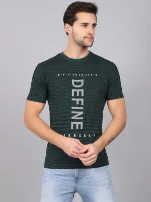 Men's Bottle Green Stripe Round neck Half Sleeve T-Shirt with Print