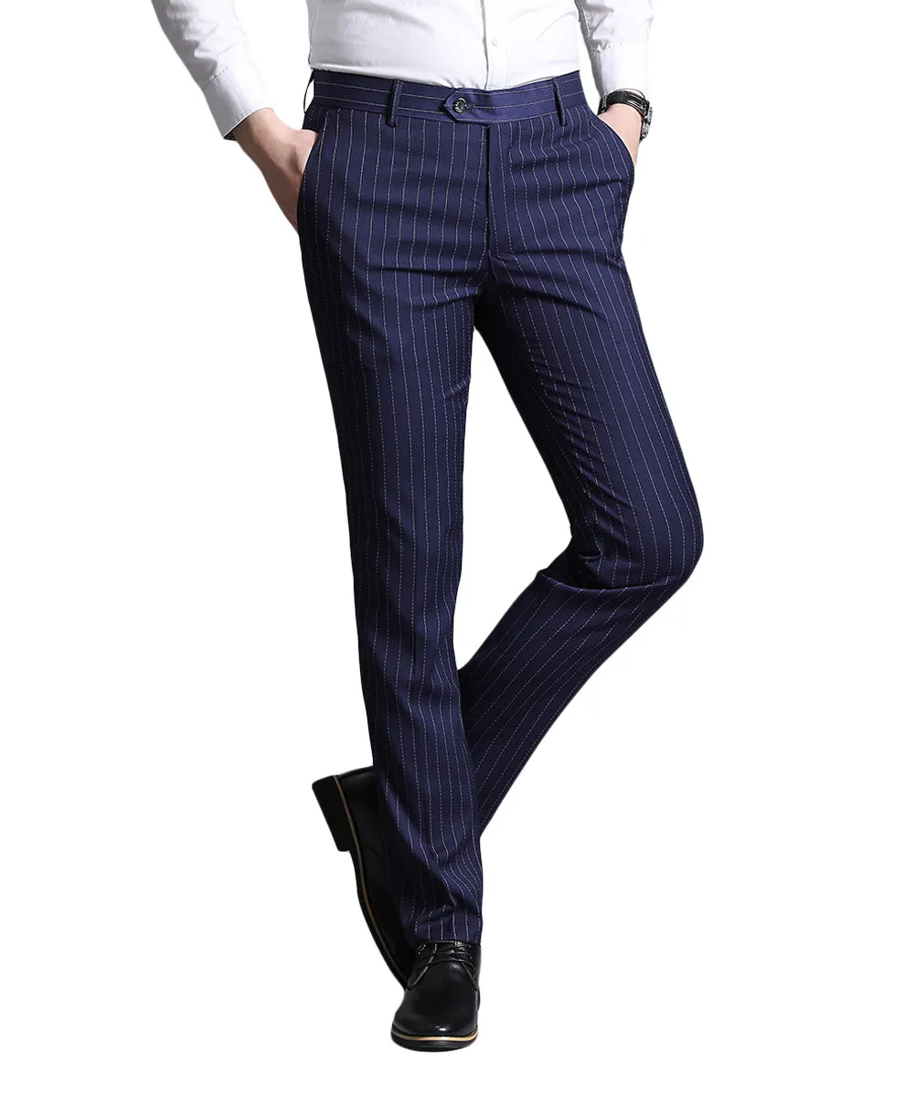 Men's Stripe Casual Slim Fit Pants Dress Pants Blue