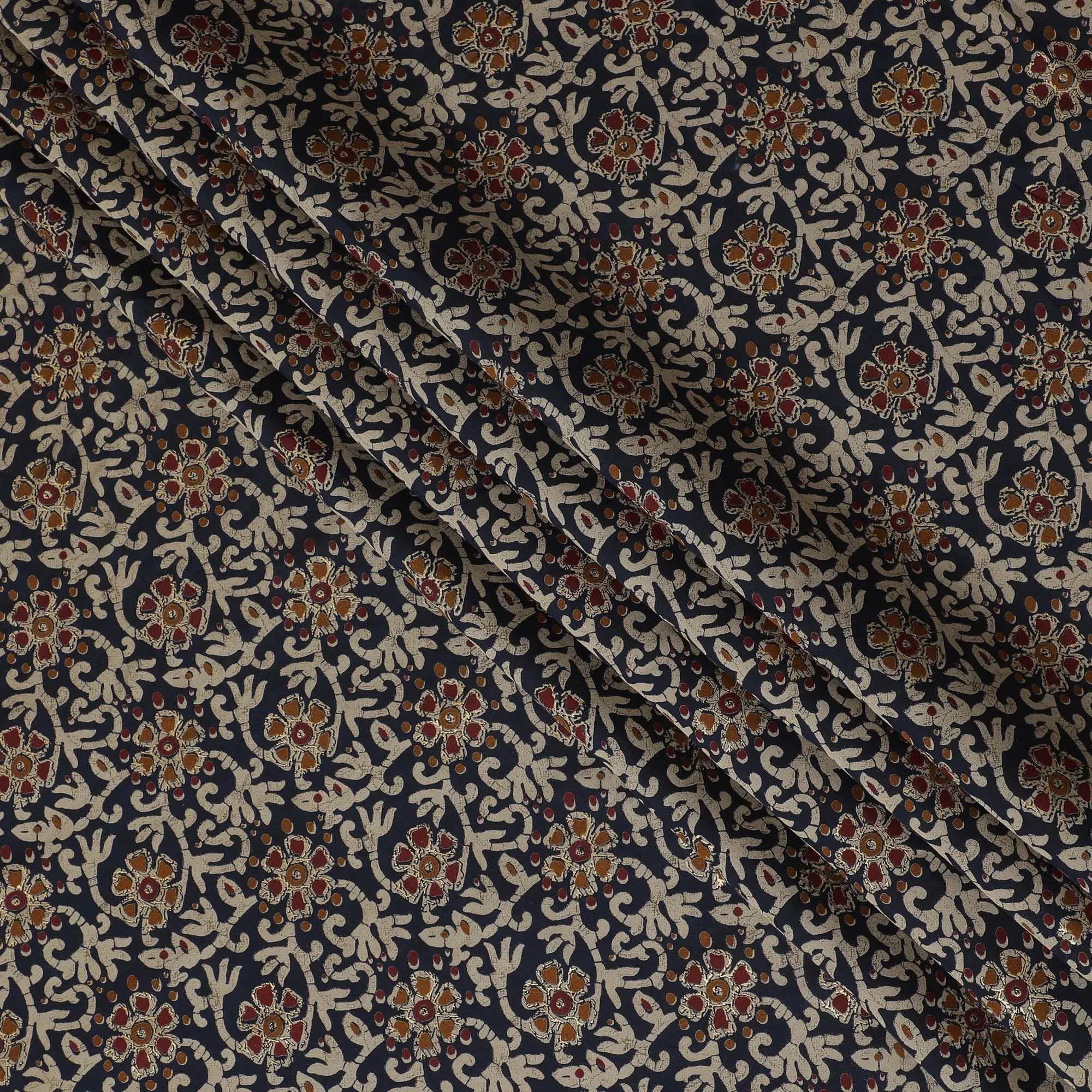 Navy blue synthetic blended cotton fabric with multicolor print in floral design-D16418