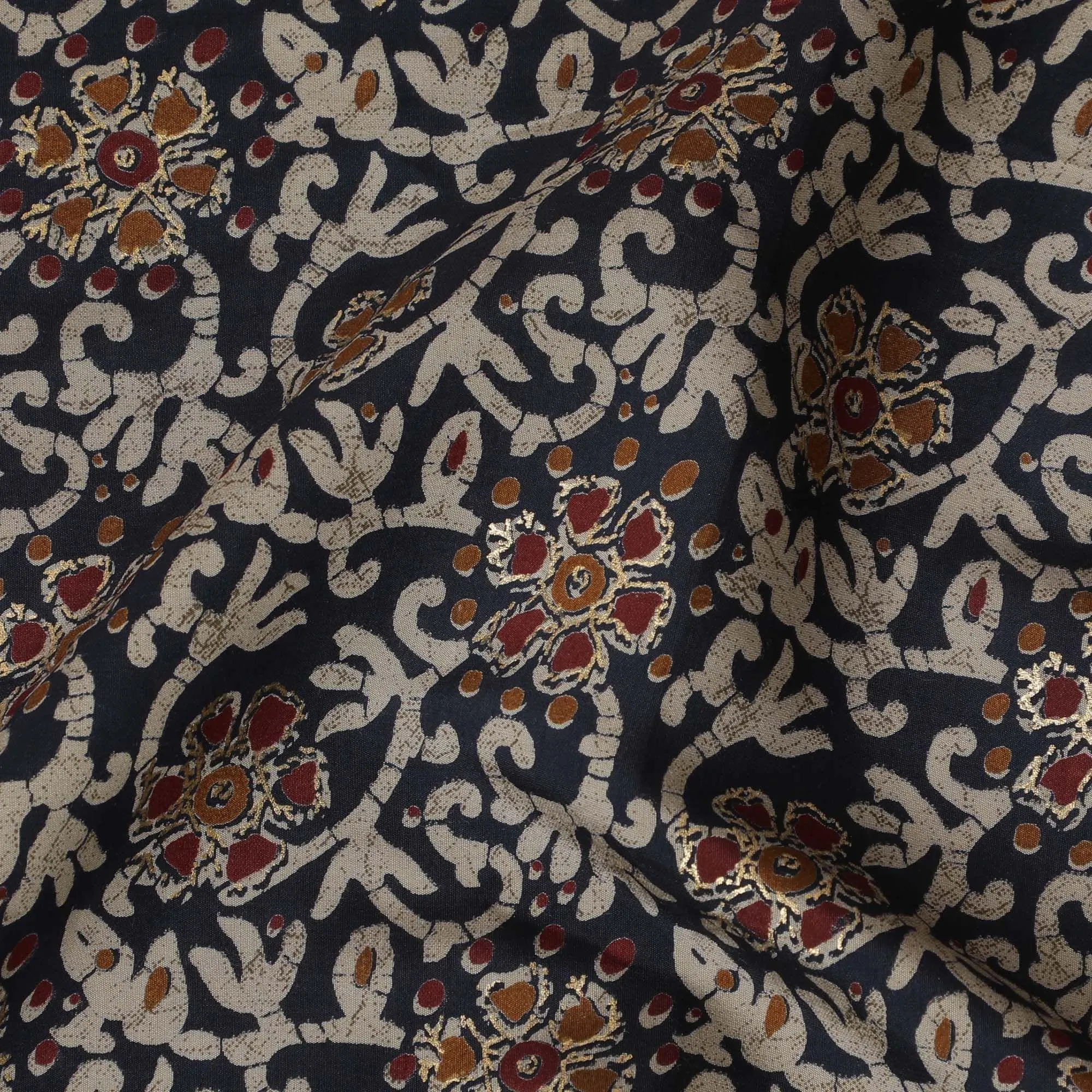 Navy blue synthetic blended cotton fabric with multicolor print in floral design-D16418