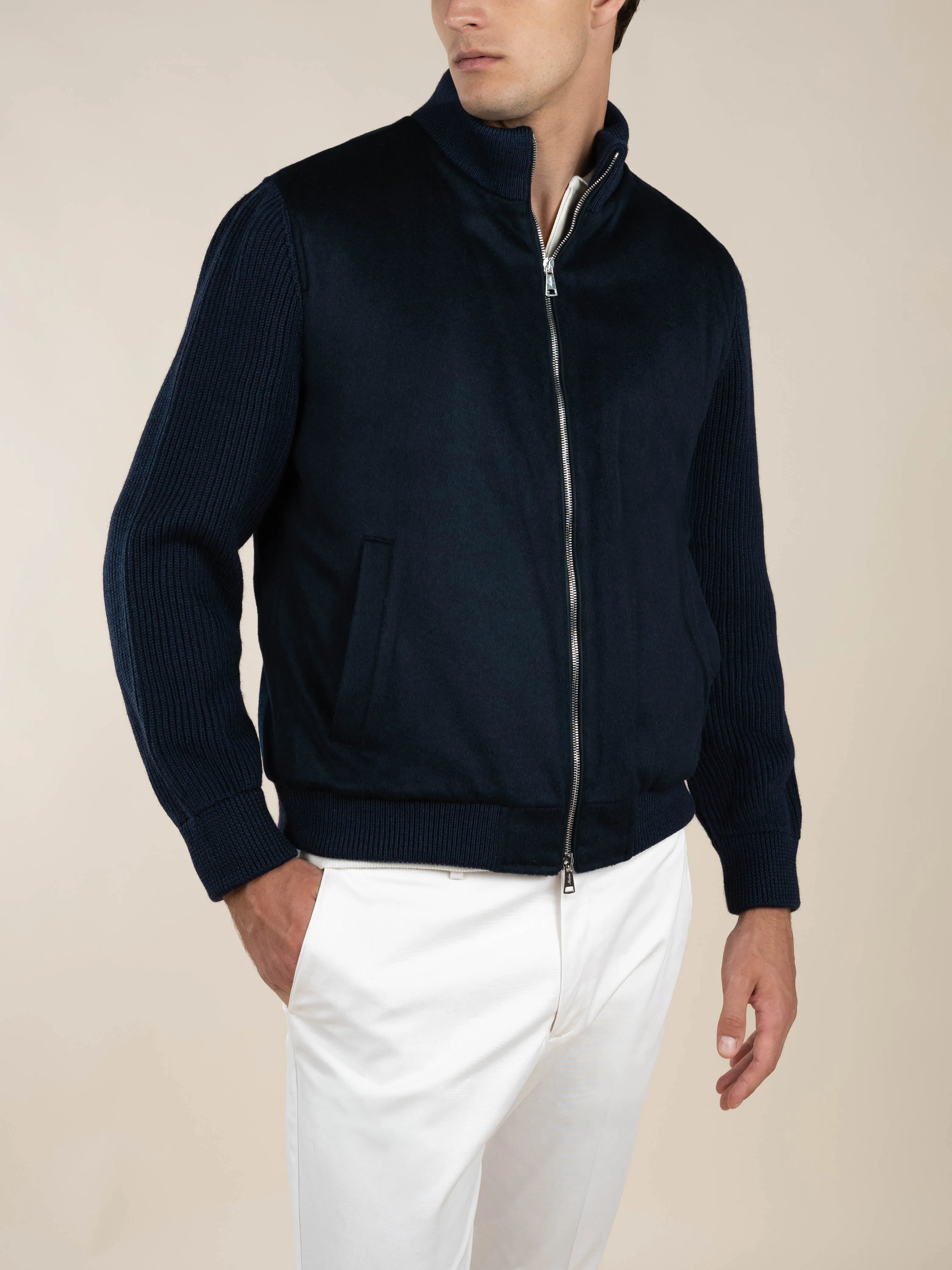 Navy Cashmere Bomber Jacket